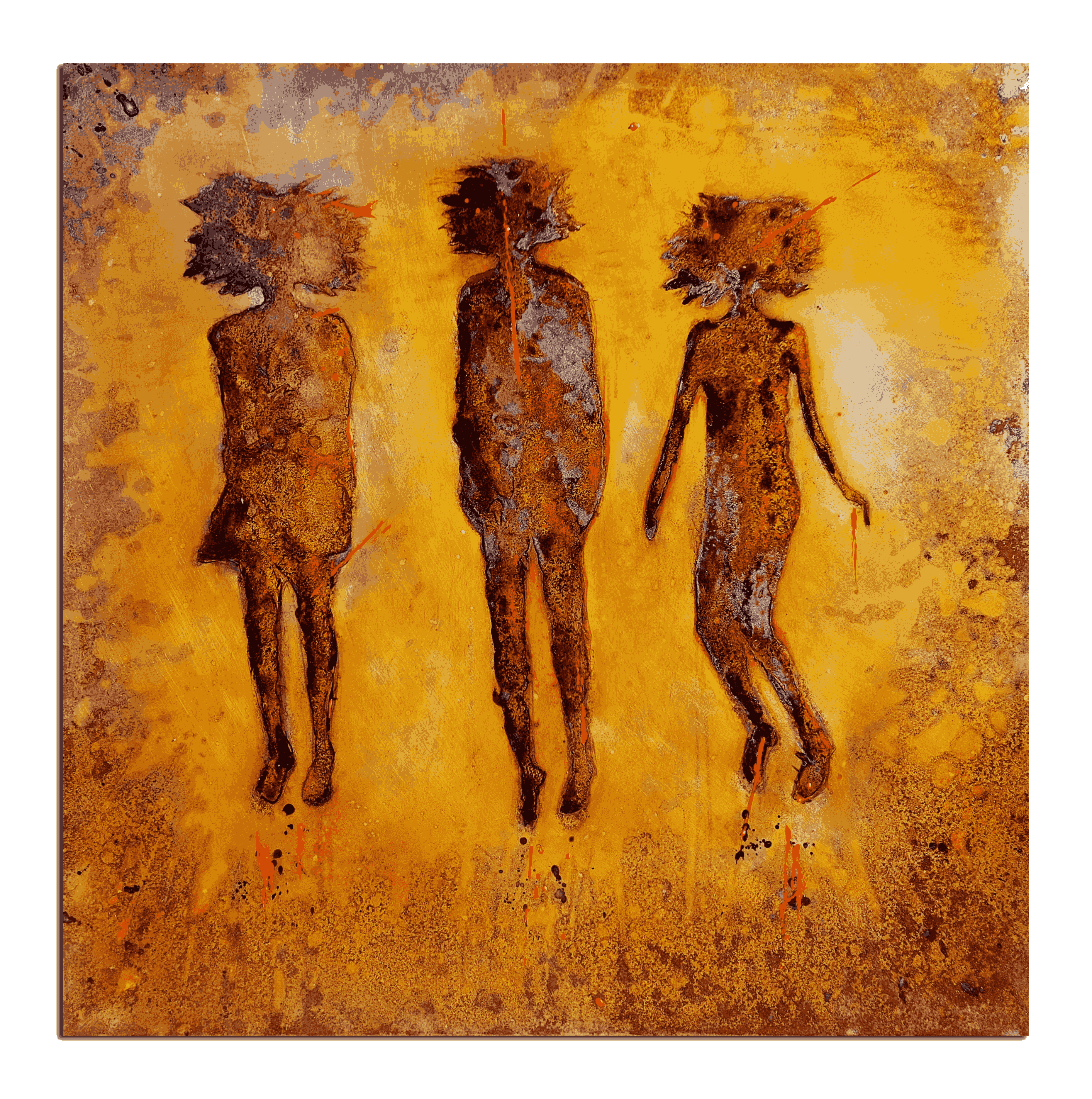 Teenagers — rust paintings on steel with Mediterranean water, Christophe Monteil, 100×100 cm, 2022