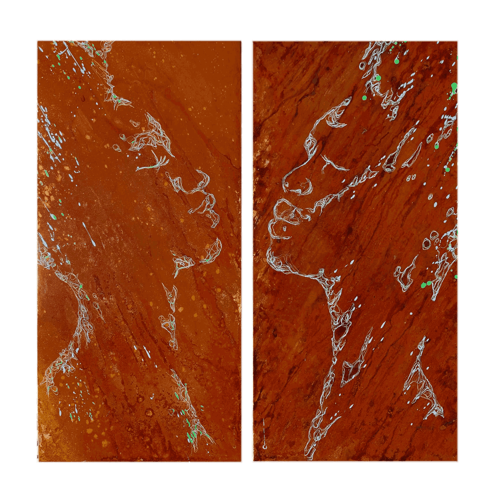 Les Soeurs Sisters — diptych rust painting on steel with Negombo water, Sri Lanka, Christophe Monteil, 100×100 cm, 2022