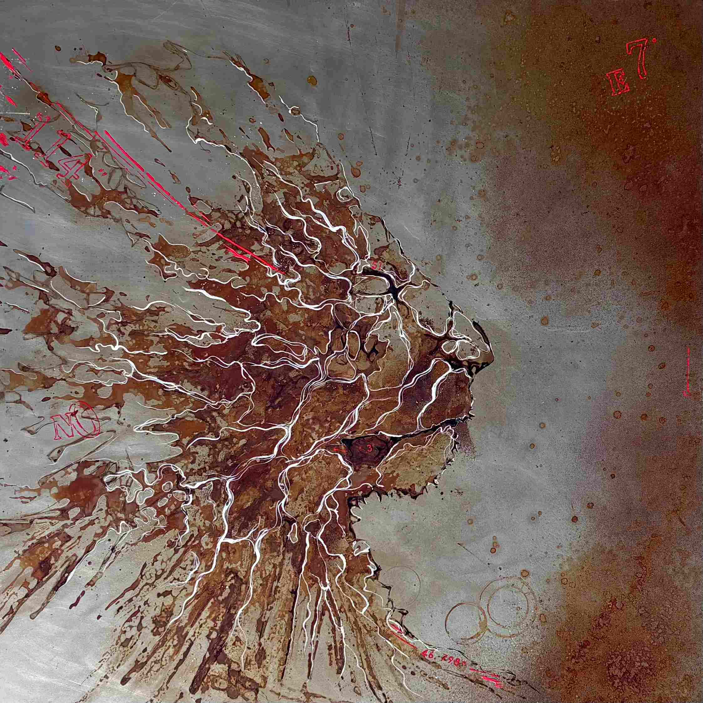 Like A… — rust painting on steel with Mediterranean water, Christophe Monteil, 100×100 cm, 2021
