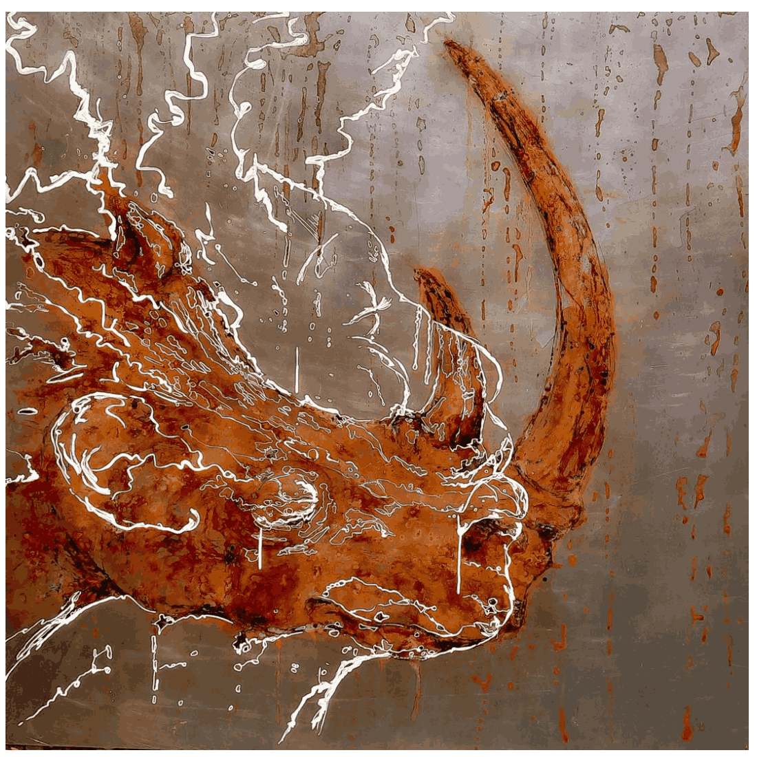 Please Stay Home — rust painting on steel with Zimbabwean water, Christophe Monteil, 120×120 cm, 2021