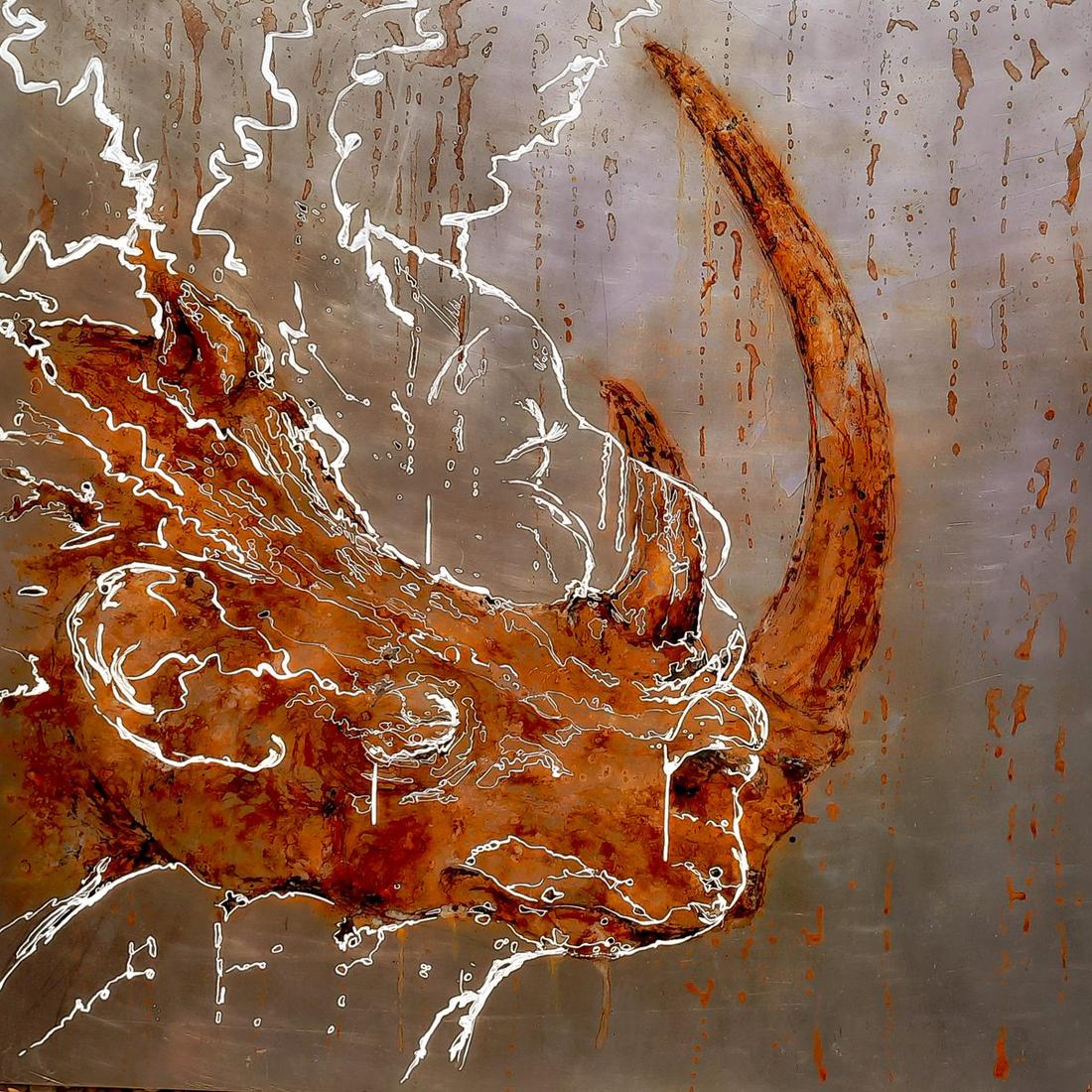 Atlas of Water — Please Stay Home, rust on steel painting made with water from the Zambezi River, Zimbabwe. Rhinoceros, Christophe Monteil, 120×120 cm, 2021